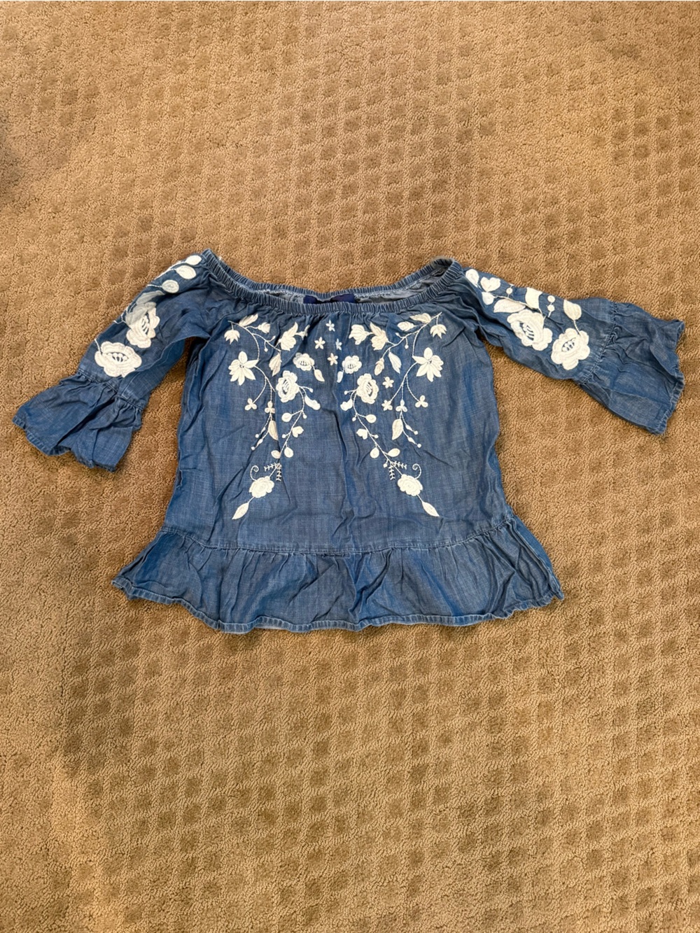 Blue Rain Blue Off-Shoulder Embroidered Peasant Top with White Floral Detail
